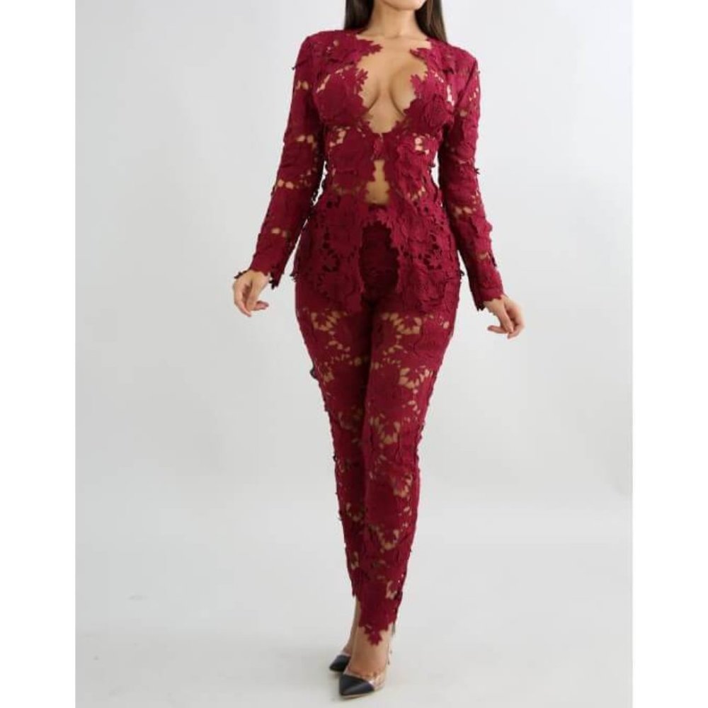 Red Mesh Flower floral lace set